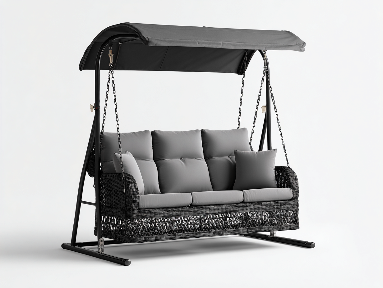 Garden Swing Seat rattan steel 200x120x175 cm - black-grey - covered three seat design for outdoor use-Sofamyio