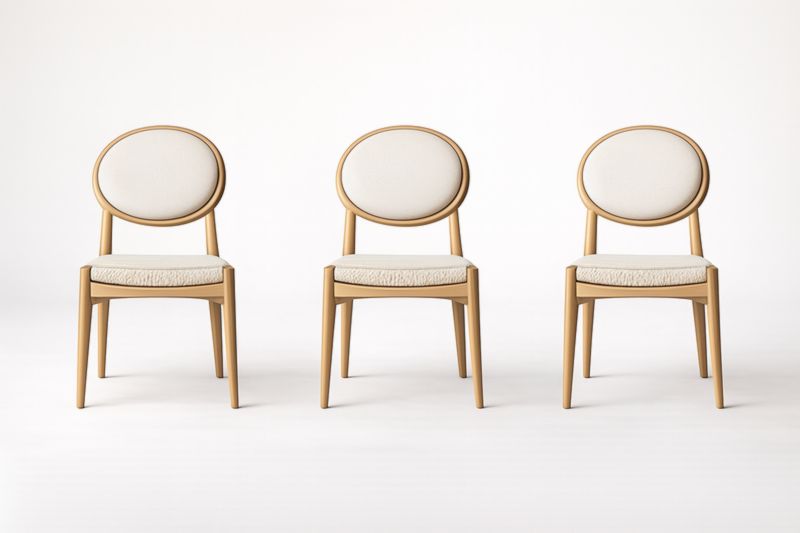 Chaises en bois avec dossier ovale en lin beige, ensemble de 3-Gentavero