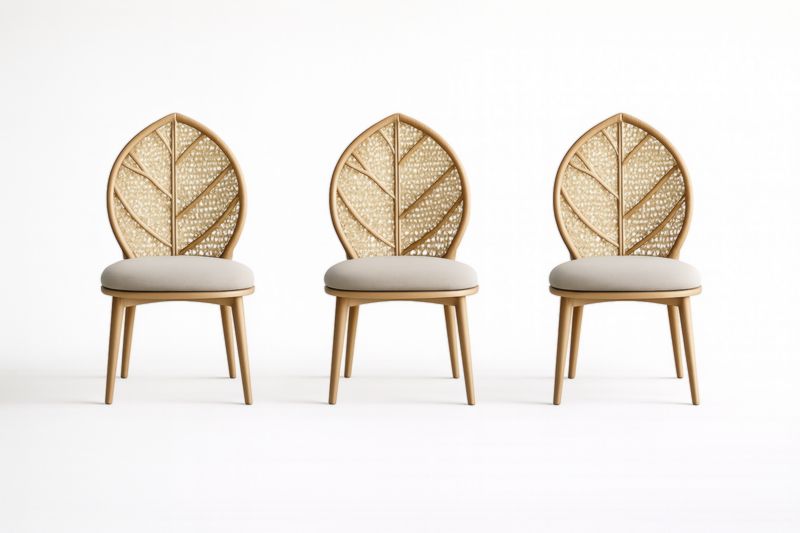 Lot de 3 Chaises Dossier Feuille en Bois et Rotin Assise Ronde Beige-Gentavero
