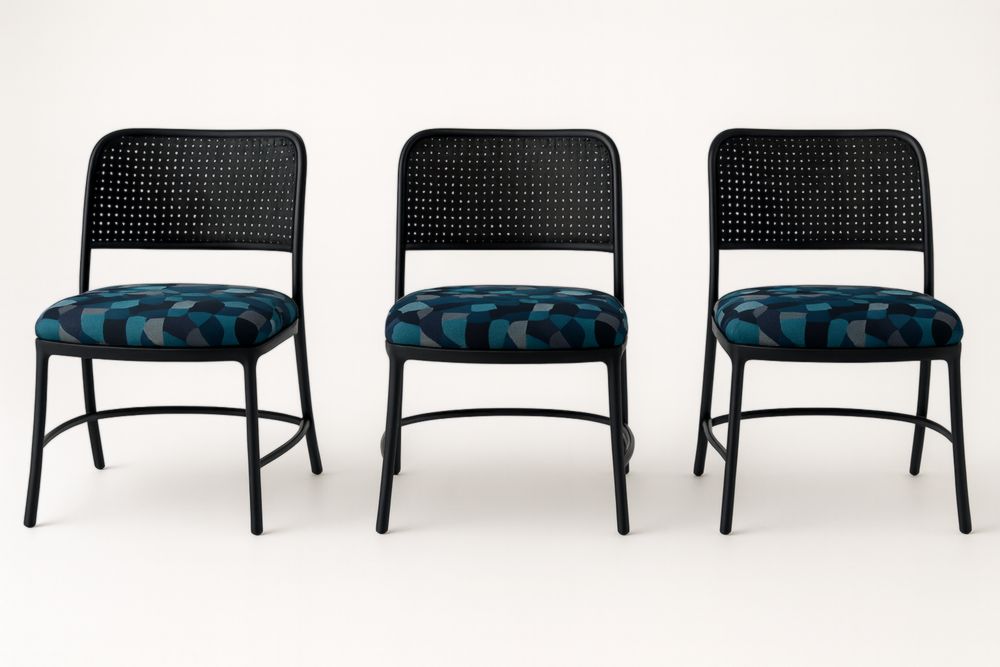 Lot de 3 chaises en métal noir avec assise en tissu géométrique bleu-Gentavero