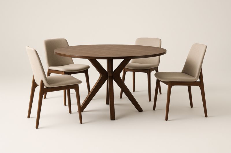 Ensemble table et chaises en bois massif avec tissu beige, rond 120 cm-Gentavero
