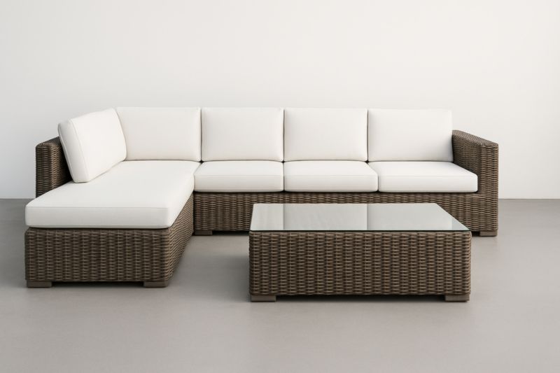 Ensemble de salon de jardin en résine tressée avec coussins en polyester et table basse en verre trempé