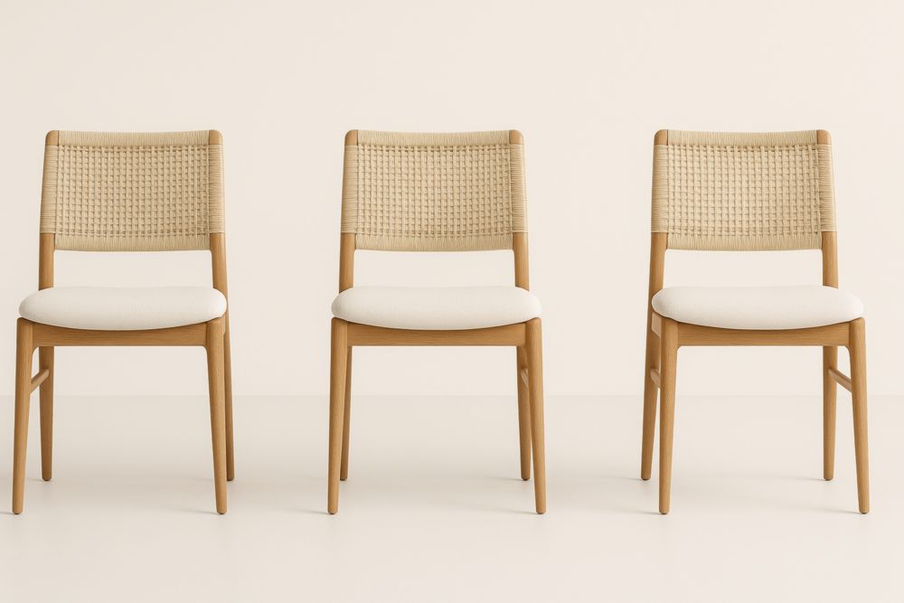 Lot de 3 chaises en bois avec assise en tissu beige et dossier en rotin