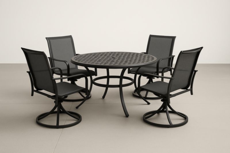 Ensemble de jardin en aluminium noir avec table ronde et 4 chaises pivotantes