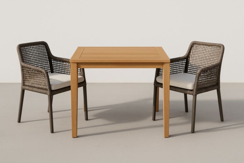Ensemble de table et chaises en teck et résine tressée avec coussins gris