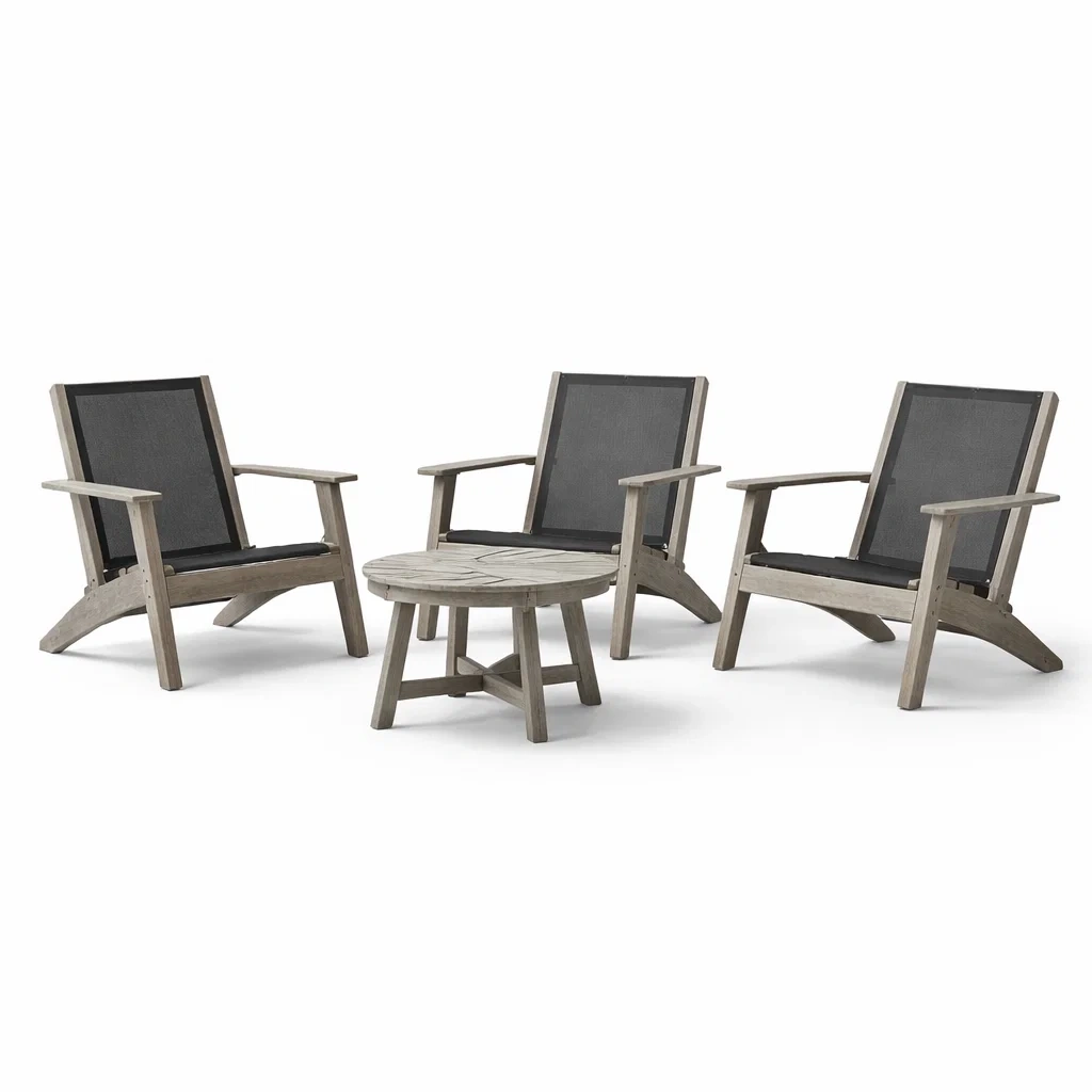 Ensemble de détente en bois et textilène noir avec table ronde-FURNIGEM