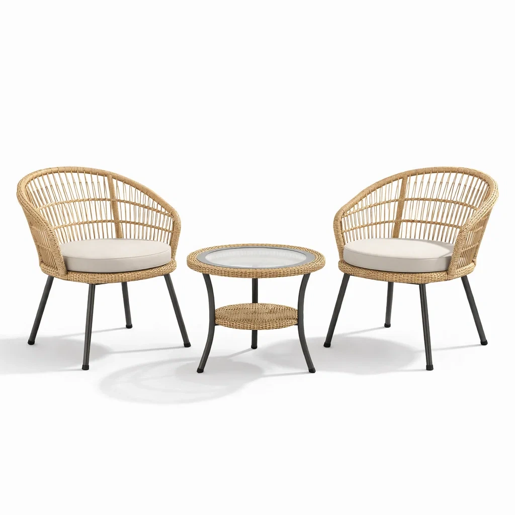 Ensemble de détente en rotin synthétique avec table en verre et deux fauteuils-FURNIGEM