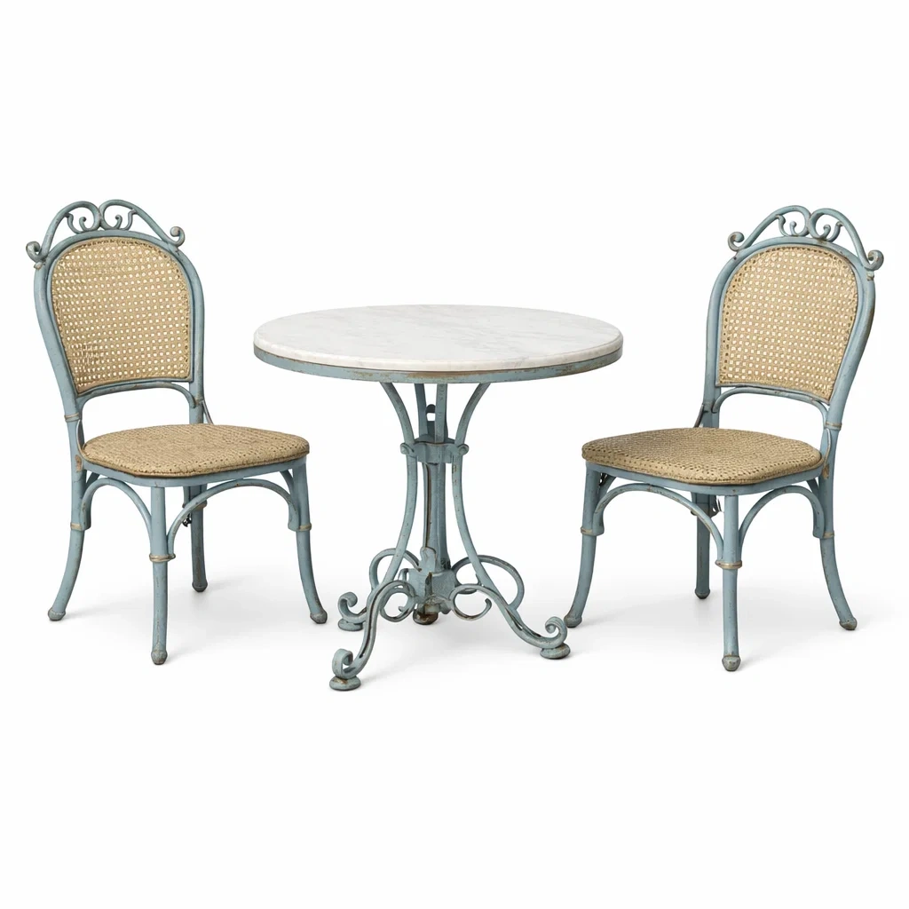 Ensemble de détente table ronde en marbre et chaises en osier-FURNIGEM