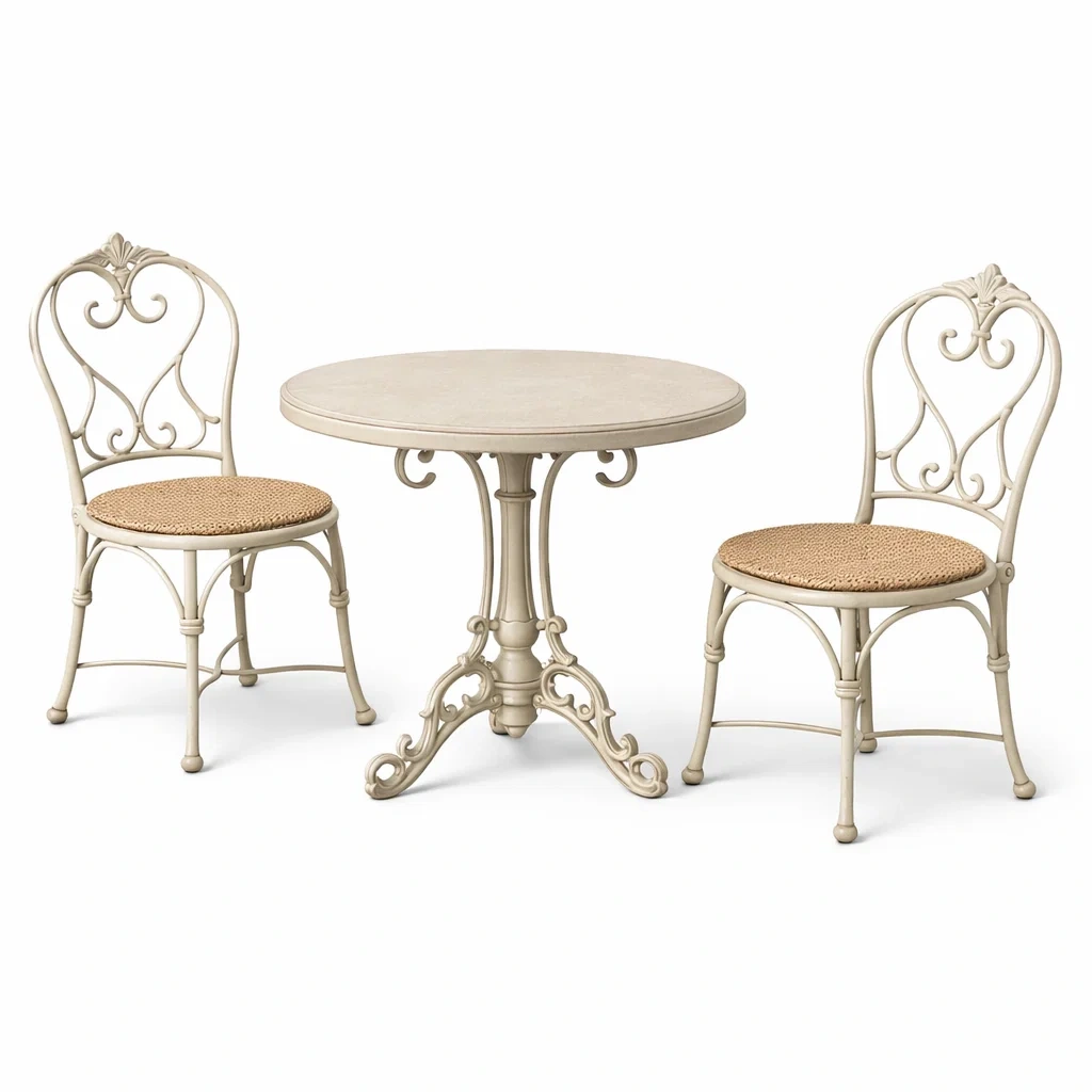 Ensemble de détente table ronde en fer forgé avec assises en rotin 2 chaises 80 cm crème-FURNIGEM