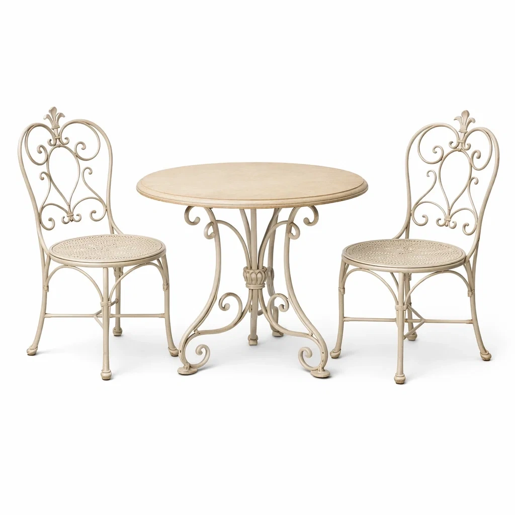 Ensemble de détente bistrot en métal beige avec table ronde et 2 chaises-FURNIGEM