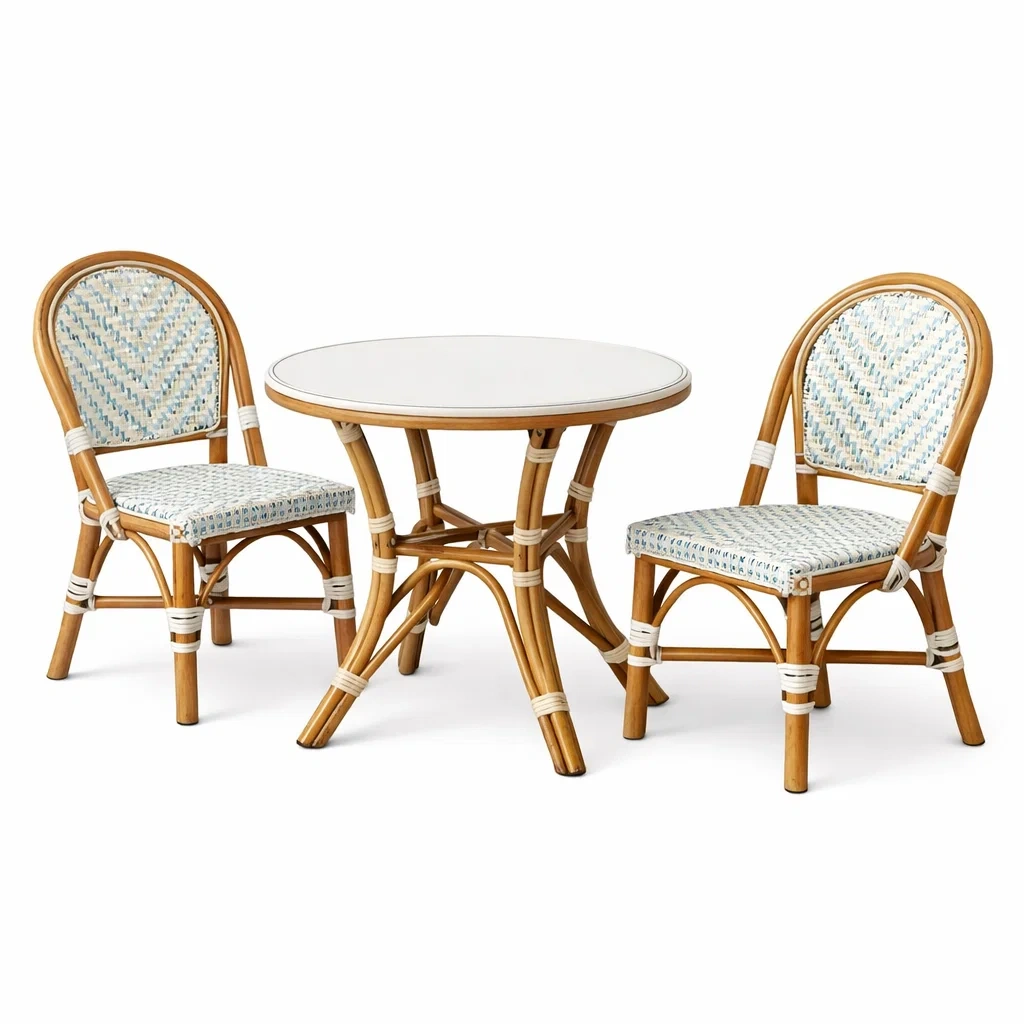 Ensemble de détente bistrot rotin naturel avec table ronde et chaises en résine bleue-FURNIGEM