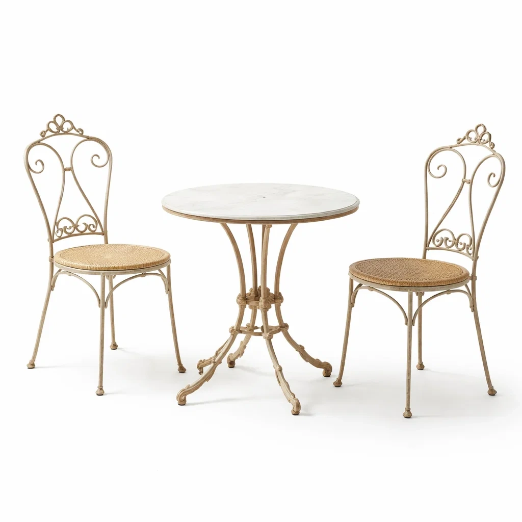 Ensemble de détente table ronde en marbre et métal avec chaises en osier-FURNIGEM