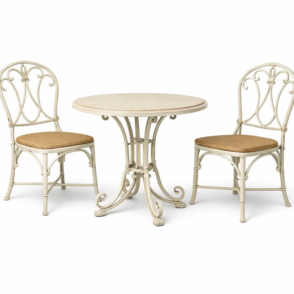 Ensemble de détente en fer avec chaises en osier blanc-FURNIGEM