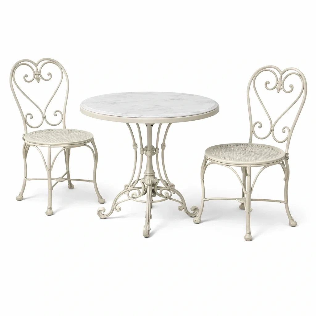 Ensemble de détente bistrot en fer forgé et marbre ivoire table ronde 2 chaises-FURNIGEM