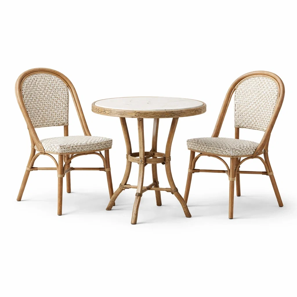 Ensemble de détente table et chaises en rotin avec plateau en marbre-FURNIGEM
