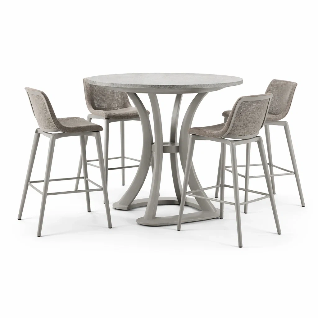 Ensemble table et chaises de bar haute ronde et 4 tabourets en métal et fibre synthétique gris-FURNIGEM
