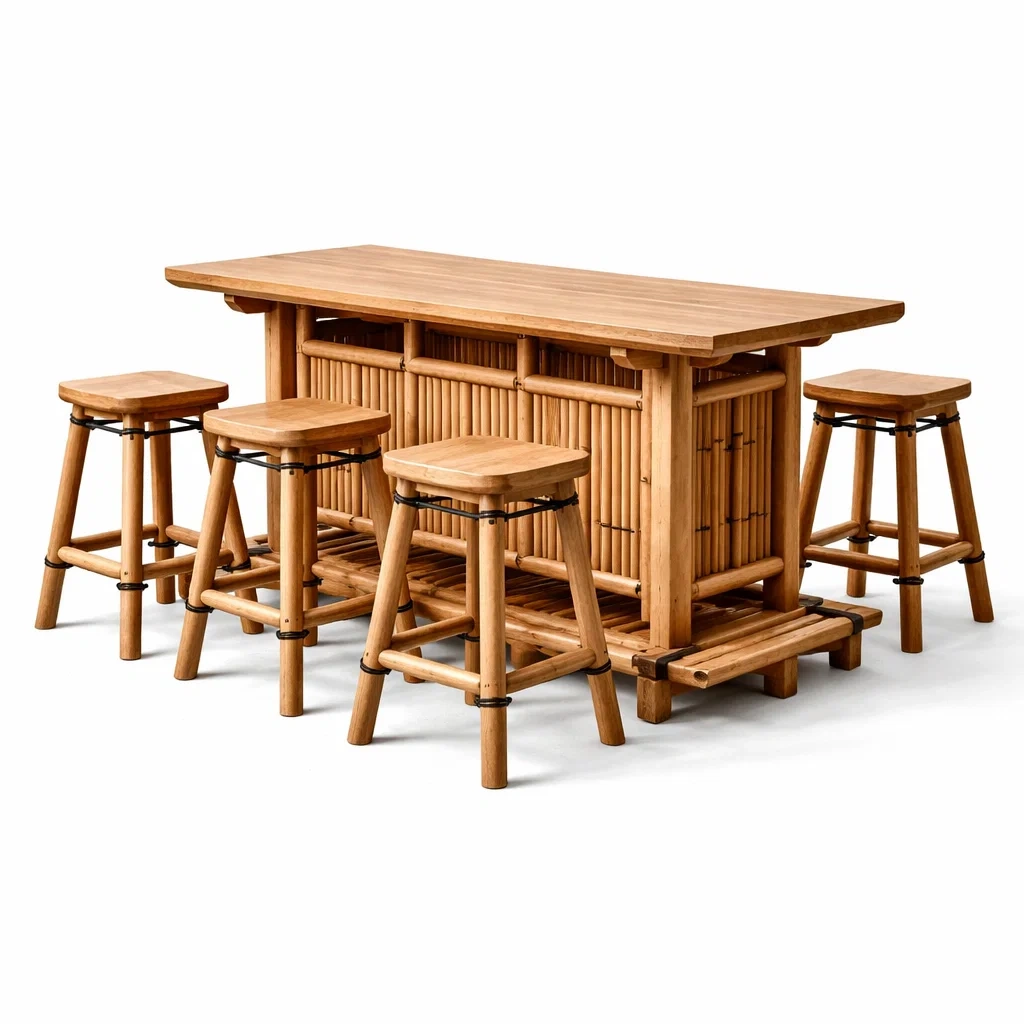 Ensemble table et chaises de bar en bambou avec tabourets-FURNIGEM