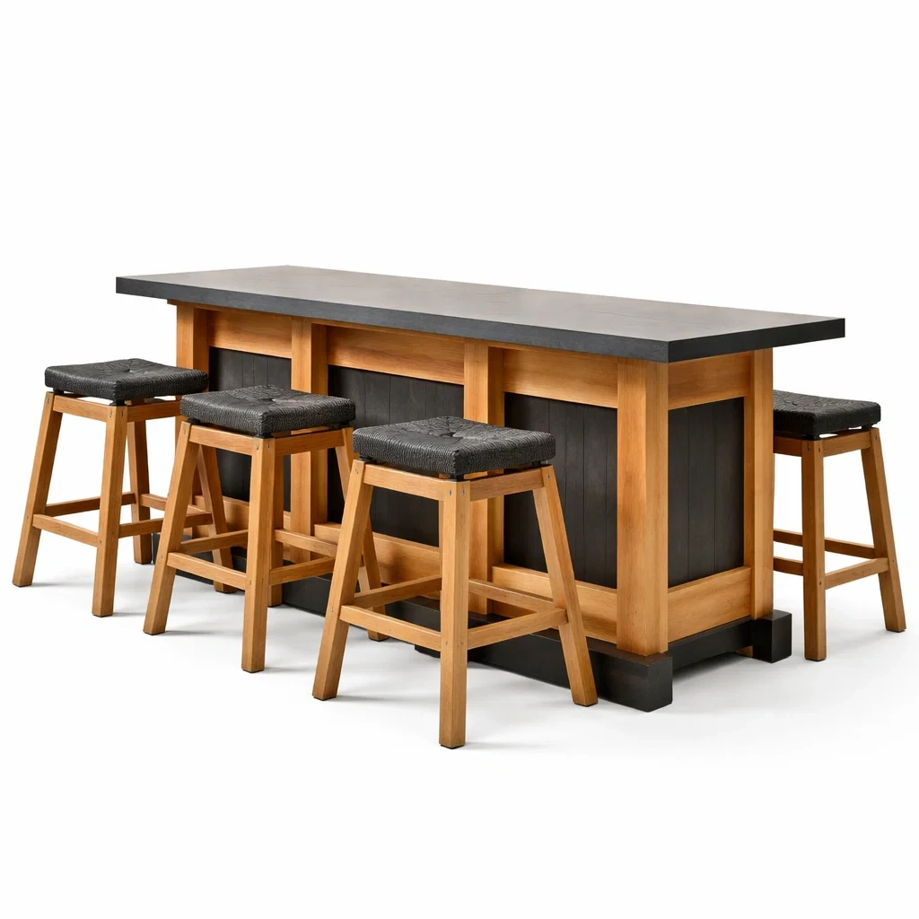 Ensemble table et chaises de bar rectangulaire en bois et tabourets en bois et coton noir-FURNIGEM