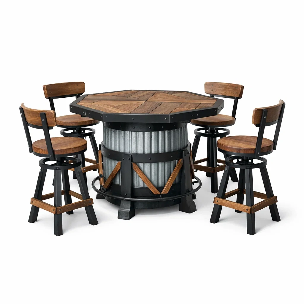 Ensemble table et chaises de bar hexagonale en bois et métal avec 4 chaises-FURNIGEM