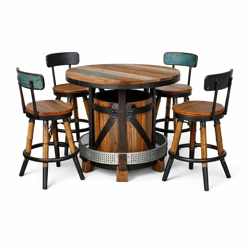 Ensemble table et chaises de bar haute en bois de manguier et métal-FURNIGEM