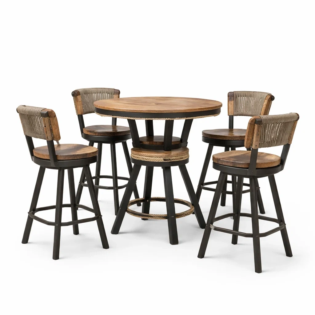 Ensemble table et chaises de bar bois métal rotin-FURNIGEM