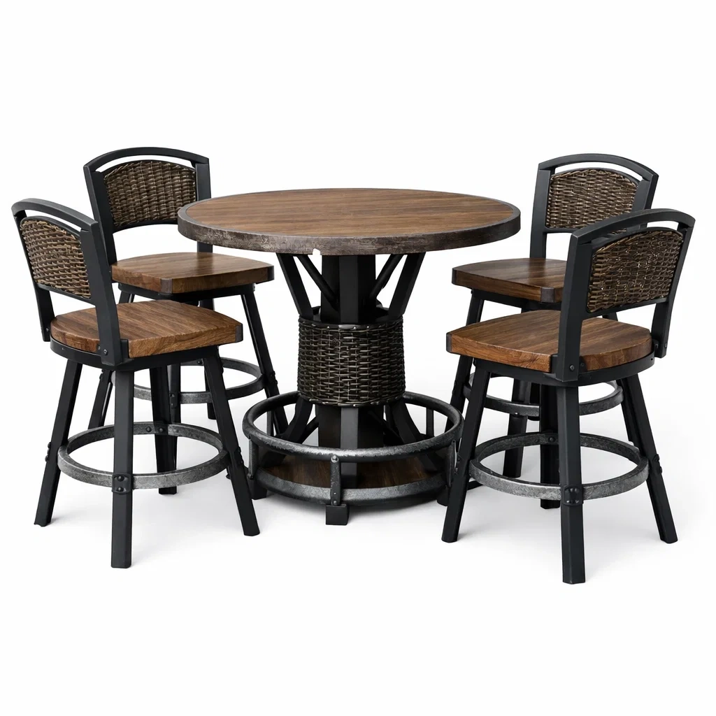 Ensemble table et chaises de bar ronde en bois et métal avec chaises pivotantes-FURNIGEM