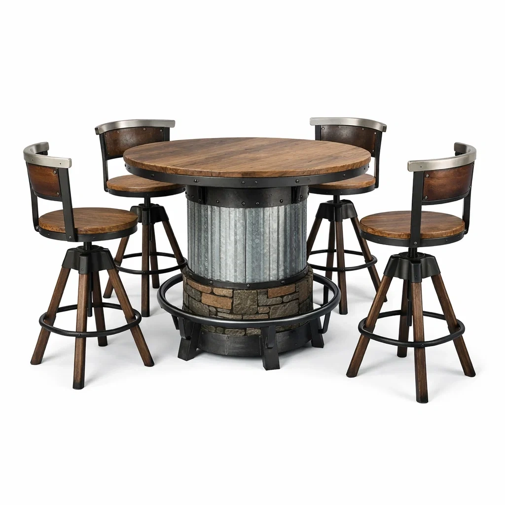 Ensemble table et chaises de bar ronde en bois et métal avec 4 chaises pivotantes-FURNIGEM