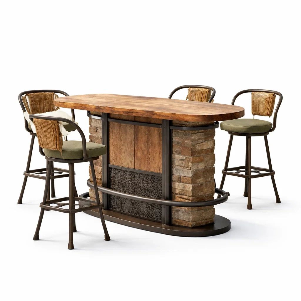 Ensemble table et chaises de bar en bois et pierre avec chaises en métal-FURNIGEM