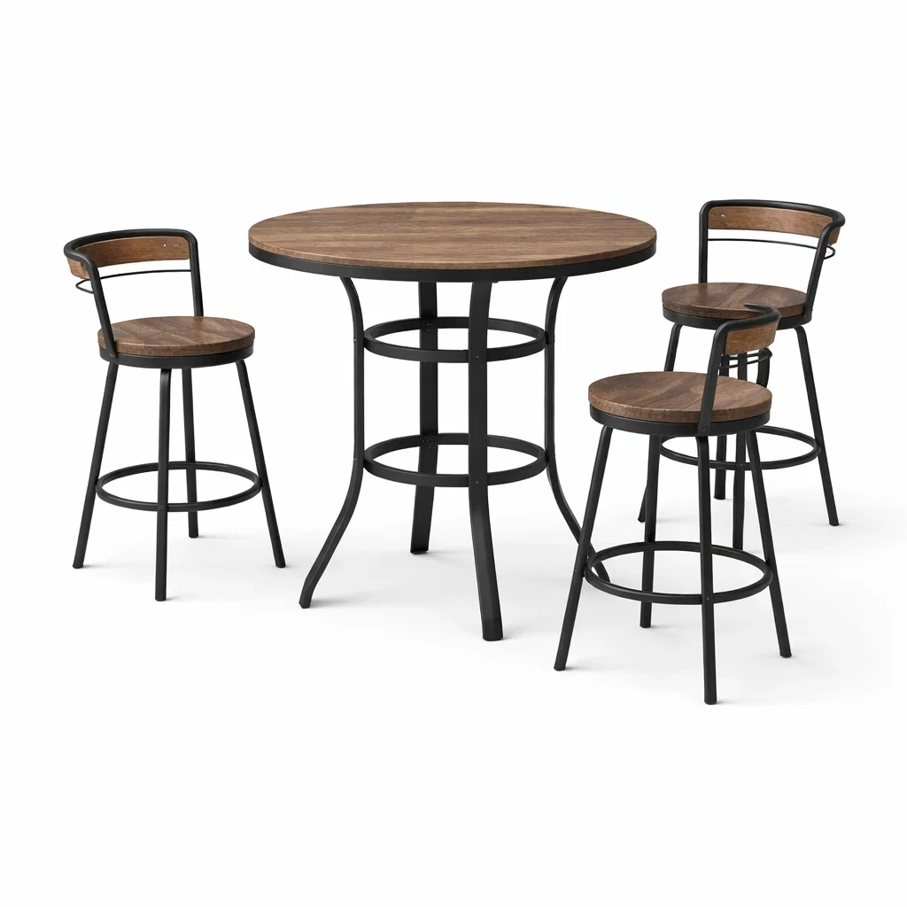 Ensemble table et chaises de bar ronde en bois et métal avec 3 tabourets-FURNIGEM