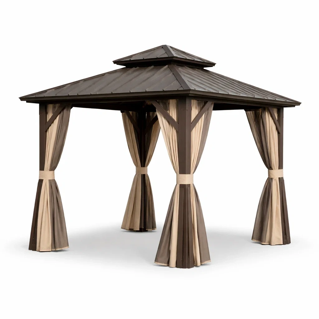 Pavillon de jardin en métal avec rideaux en polyester-FURNIGEM