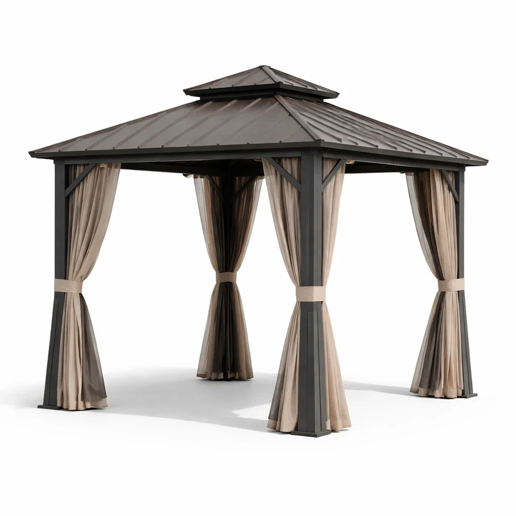 Pavillon de jardin en acier anthracite avec toit en polycarbonate et rideaux en polyester-FURNIGEM