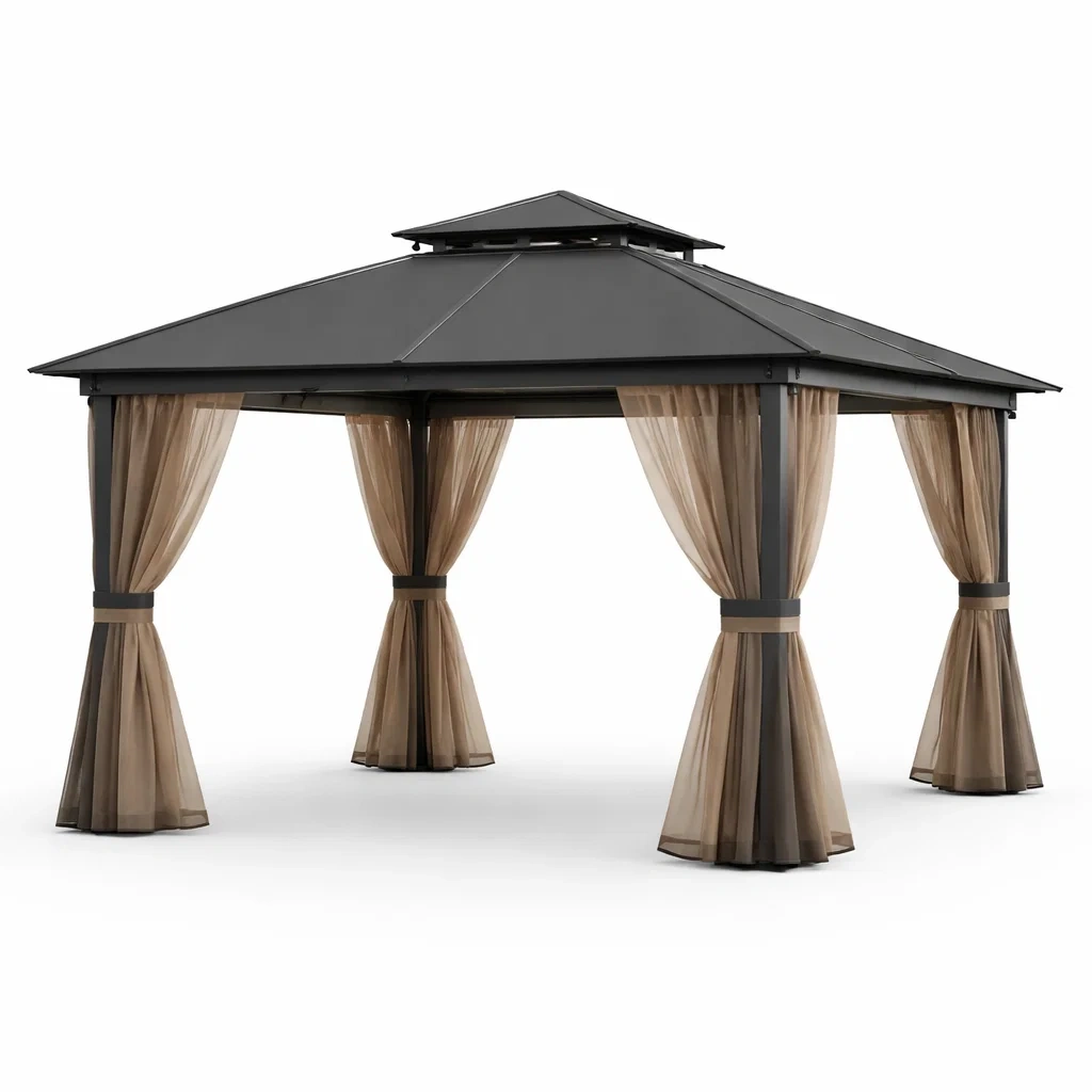 Pavillon de jardin en aluminium avec rideaux marron-FURNIGEM