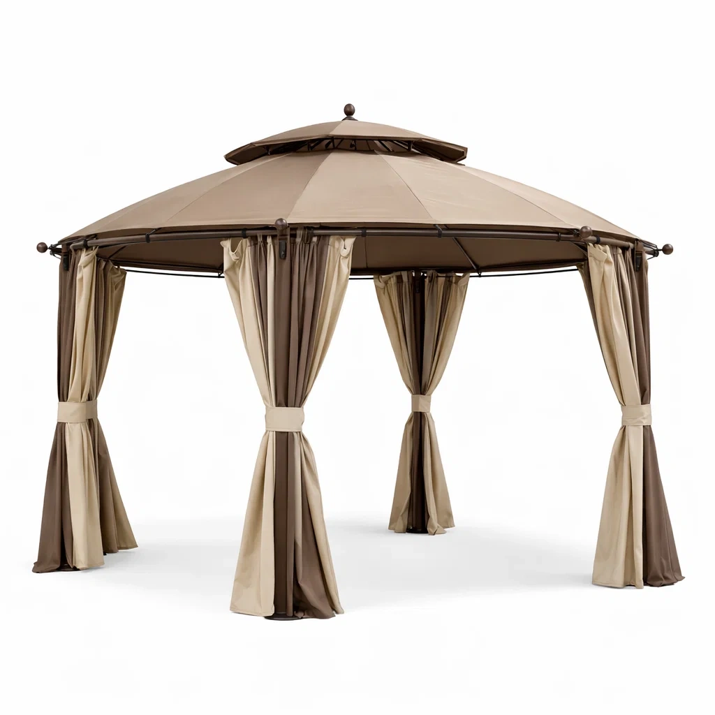Pavillon de jardin ronde en acier et polyester beige/marron-FURNIGEM