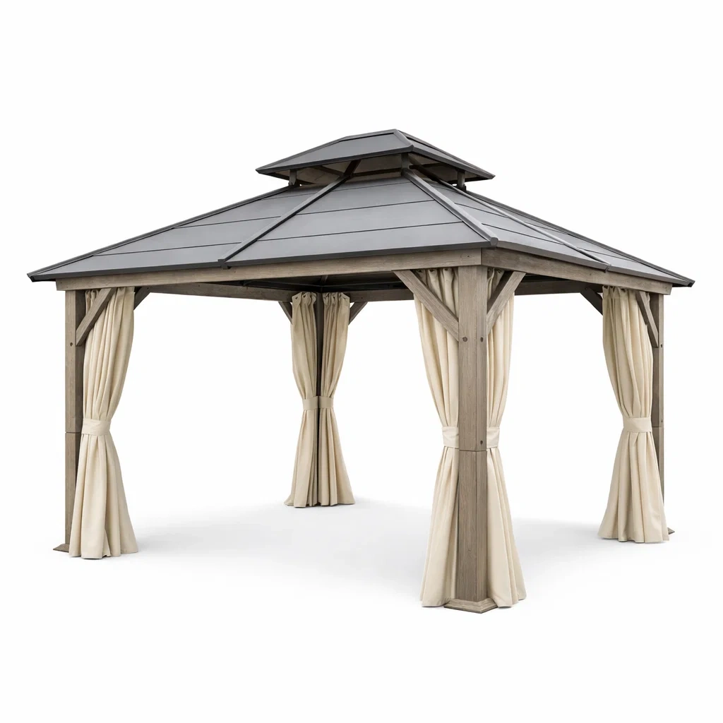 Pavillon de jardin en bois et métal avec rideaux en polyester-FURNIGEM