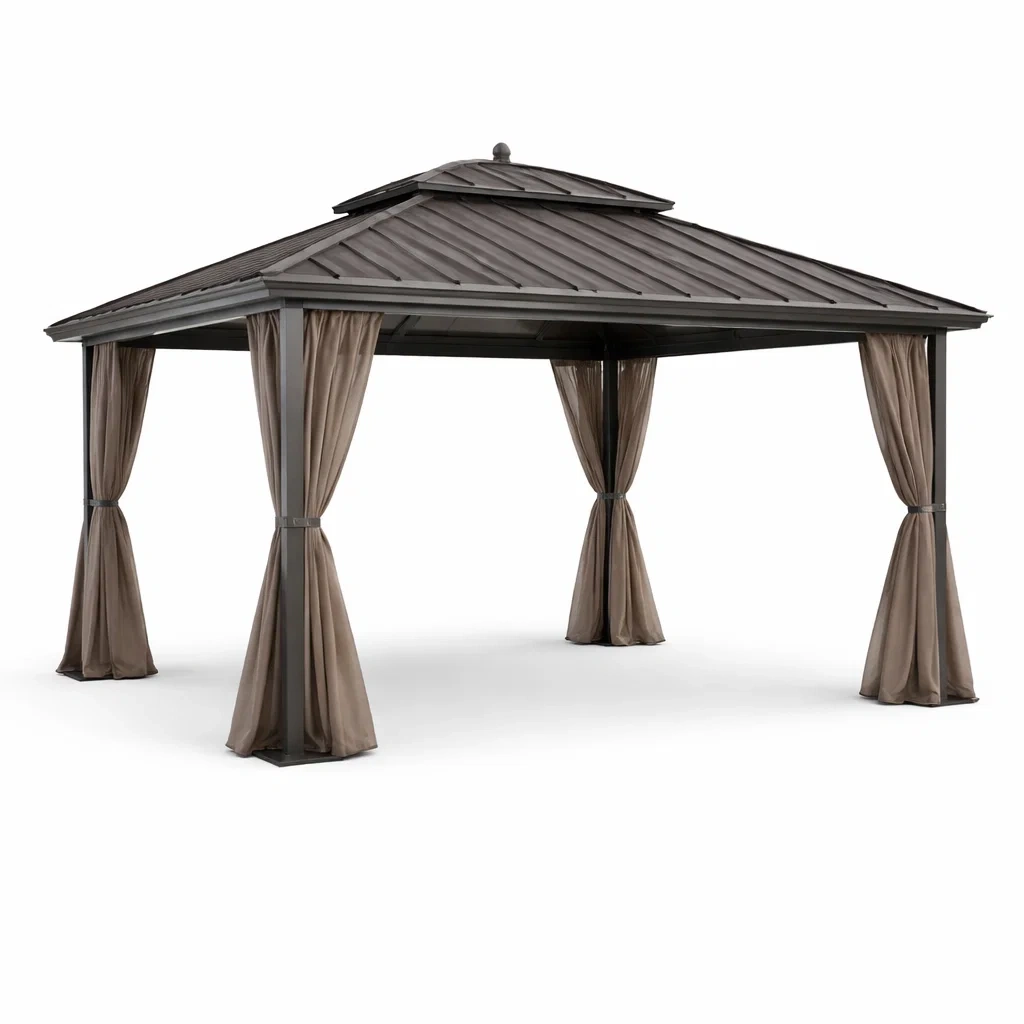 Pavillon de jardin en métal brun avec rideaux en polyester-FURNIGEM