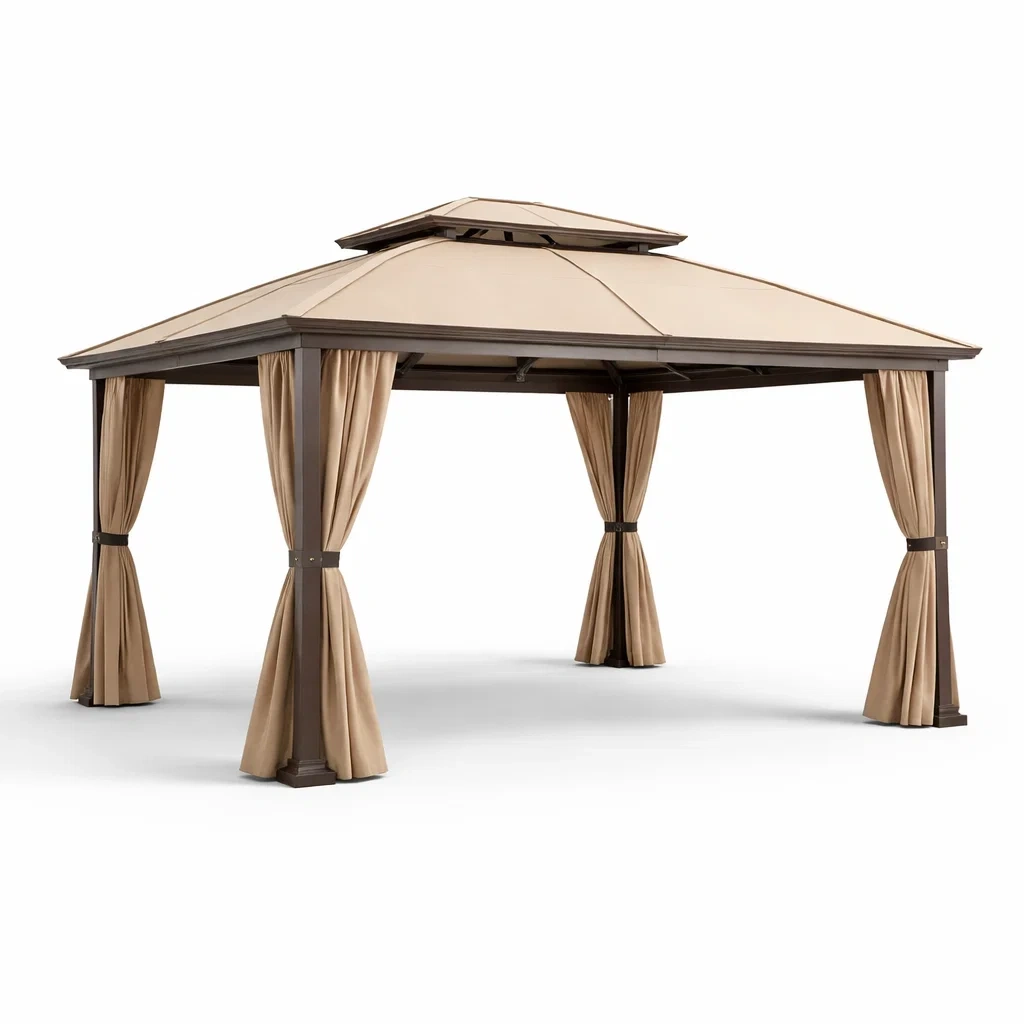 Pavillon de jardin en aluminium avec rideaux beige-FURNIGEM