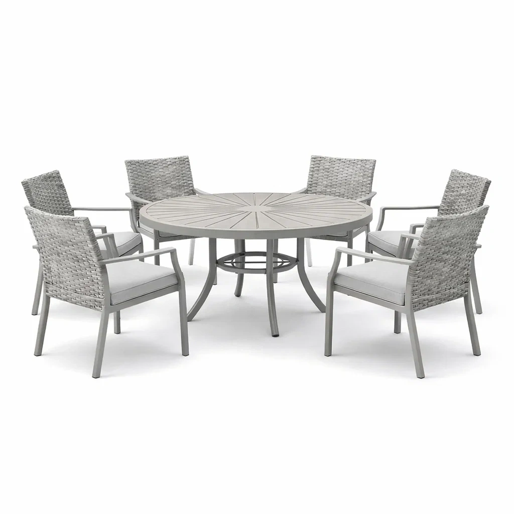 Set tavolo e sedie rotondo in Alluminio e Rattan Grigio con Sei Sedie-ROOMNESTZ