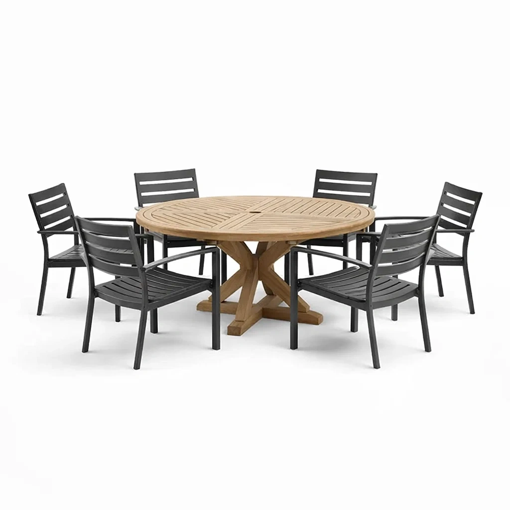 Set tavolo e sedie rotondo in Teak e Alluminio con Sei Sedie-ROOMNESTZ