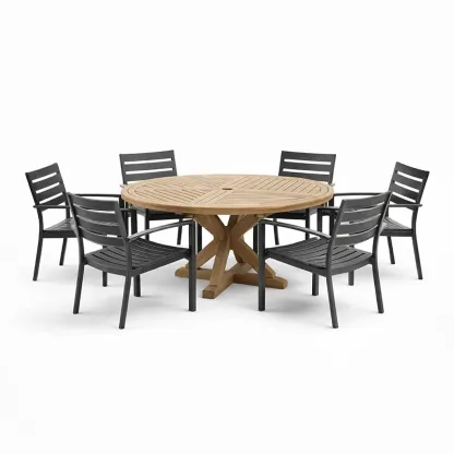 Set tavolo e sedie rotondo in Teak e Alluminio con Sei Sedie-ROOMNESTZ