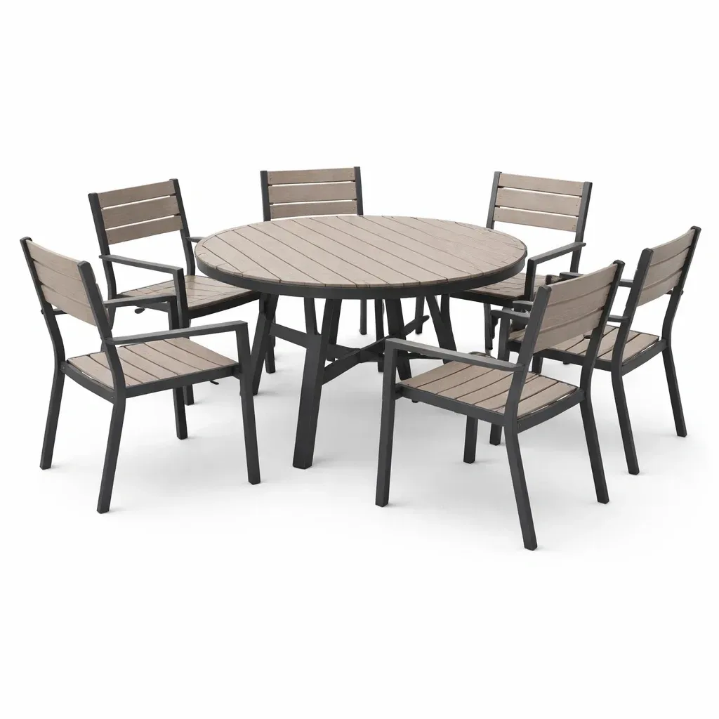 Set tavolo e sedie rotondo in Alluminio e Legno Composito con Sei Sedie-ROOMNESTZ