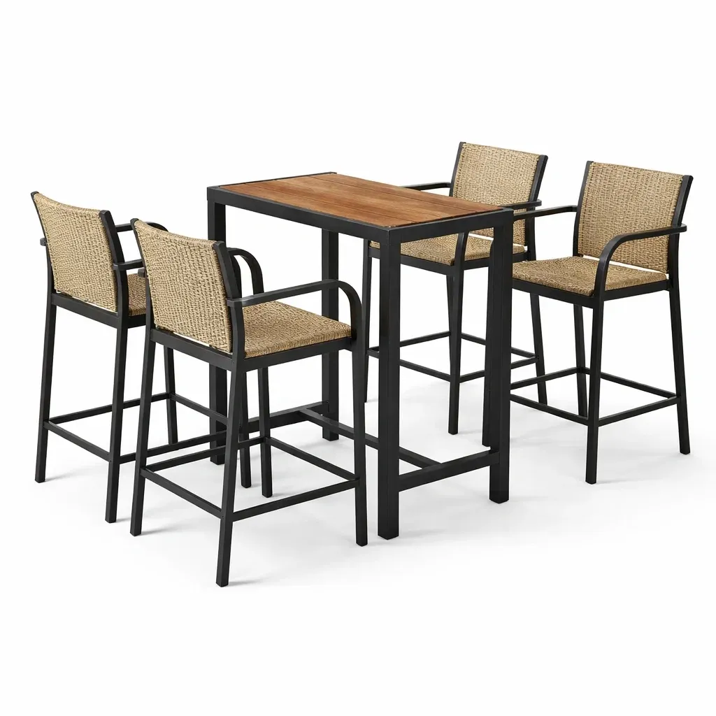 Set tavolo e sgabelli da bar in Legno e Rattan Naturale Nero-ROOMNESTZ