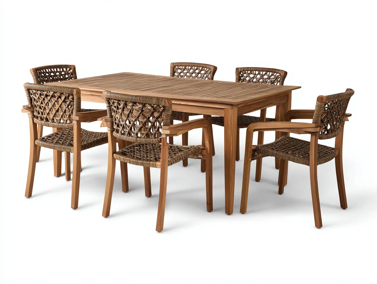 Salon de jardin repas - bois massif-rotin tressé - 210x100x75 cm - bois naturel-marron - style naturel-Nestmyyard