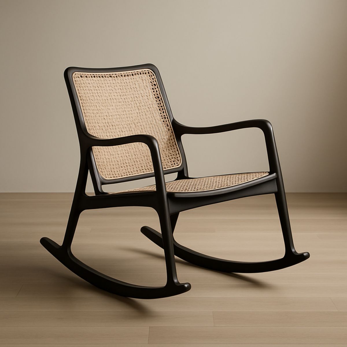 Chaise berçante en bois et rotin noir/beige