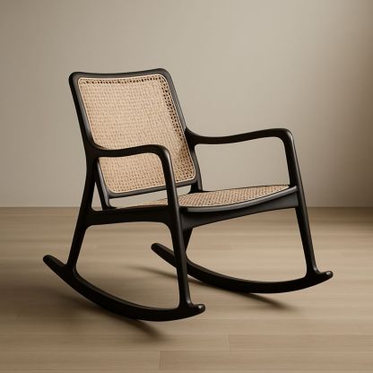 Chaise berçante en bois et rotin noir/beige