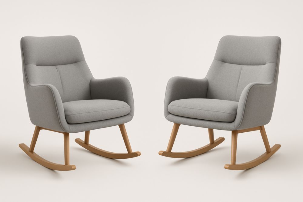 Fauteuil à bascule en tissu gris avec cadre en bois