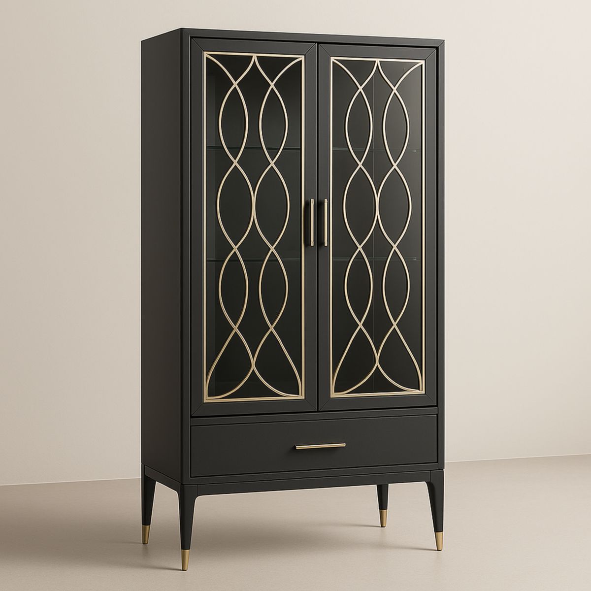 Armoire noire en bois et verre trempé avec détails dorés