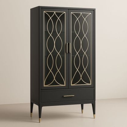 Armoire noire en bois et verre trempé avec détails dorés