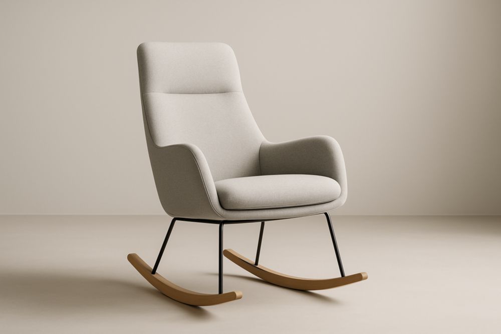 Fauteuil à bascule en tissu polyester gris avec base en bois de hêtre