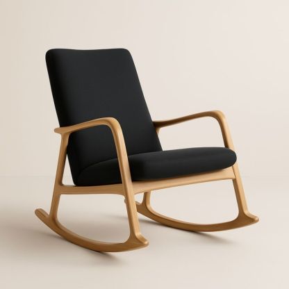 Chaise berçante en bois et tissu noir 85 cm x 70 cm x 95 cm