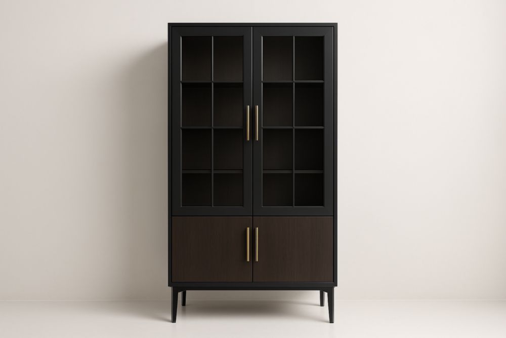 Vitrine en bois noir avec portes vitrées en verre trempé
